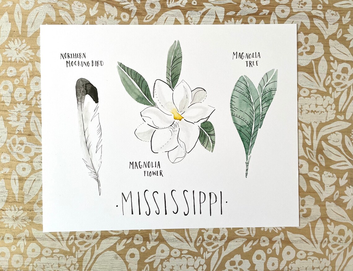 Mississippi State Bird State Tree State Flower Art Print Etsy