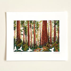Redwood understory gouache painting California landscape redwood forest trillium Northern California Oregon PNW archival giclee print
