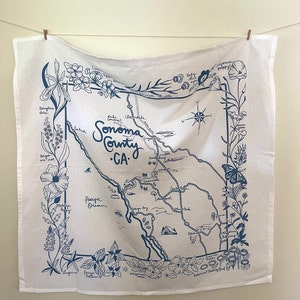 Sonoma County Map Tea Towel |  27” JUMBO flour sack hostess gift housewarming gift for mom 100% cotton screen printed dish cloth kitchen