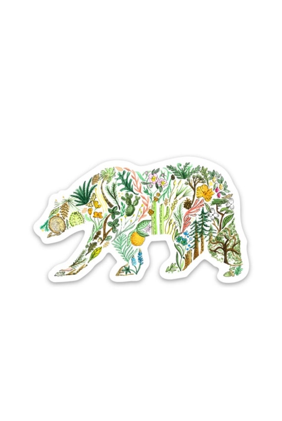 California Bear Sticker 3" vinyl sticker California native plants wildflowers California sticker CA redwood tree golden poppy oak tree