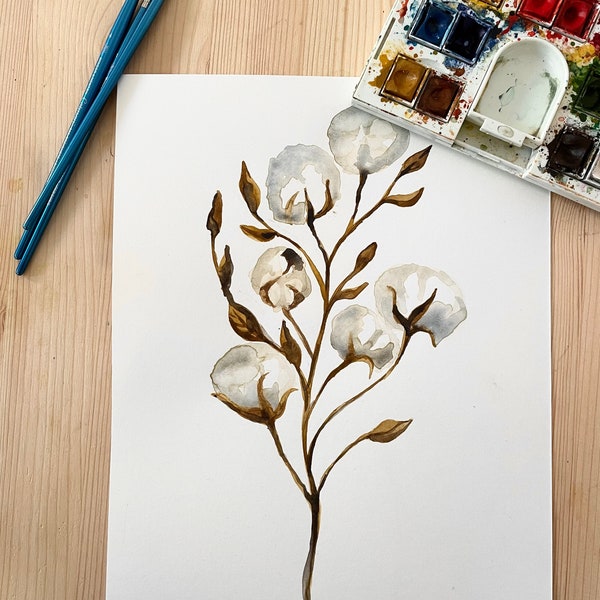 Cotton stem watercolor art print, cotton puffs cottonwood botanical painting for wall decor, floral watercolor print, botanical illustration