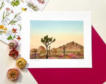 Impresión artística de Joshua Tree // Impresión artística en giclée del Parque Nacional // Gouache original del desierto con una escena de California en plena floración firmada en la pared de la galería