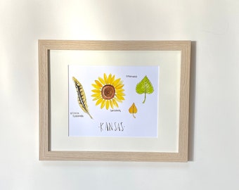 Kansas state flower state bird state tree watercolor wildflower Kansas botanical artwork wall hanging hostess housewarming gift