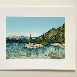 Lake Tahoe northern california scenery impressionist pointalism gouache nature art giclee print 8x10 inches archival giclee