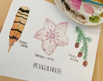 Pennsylvania State Tree, Flower, Bird Art Print state flower state bird state tree watercolor botanical wall art print hostess gift