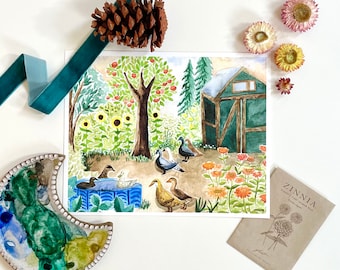 Ducks in the garden farm watercolor art print 8x10 painting cottage core zinnias boho nature print from an original