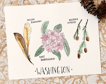 May include: Watercolor illustration of plants native to Washington state. The illustration features a willow goldfinch, coast rhododendron, western hemlock, and a brown and tan feather. The text "WASHINGTON." is written in black at the bottom of the illustration.