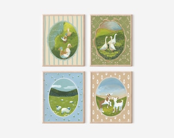 Juego de 4 piezas de galería de pared Cottage Core con estampados de animales para habitación de bebé niña, habitación infantil, cordero, pato, gansos, ovejas, gansos, cabras, colcha con diseño floral de granja