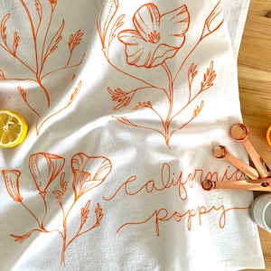 California Poppy Tea Towel | California gift 27” JUMBO flour sack tea towel gift for mom 100% cotton made screen printed dish cloth kitchen