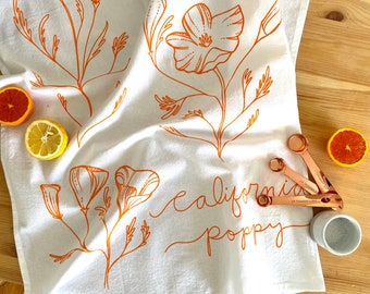 California Poppy Tea Towel |  27” JUMBO flour sack tea towel Mother’s Day gift for mom 100% cotton made screen printed dish cloth kitchen