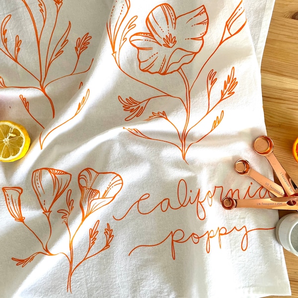 California Poppy Tea Towel |  27” JUMBO flour sack tea towel Mother’s Day gift for mom 100% cotton made screen printed dish cloth kitchen