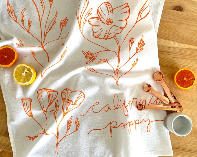 California Poppy Tea Towel | California gift 27” JUMBO flour sack tea towel gift for mom 100% cotton made screen printed dish cloth kitchen