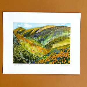 California Wildflowers art print landscape Central Valley hills poppies nature print California gouauche watercolor botanical painting 8x10