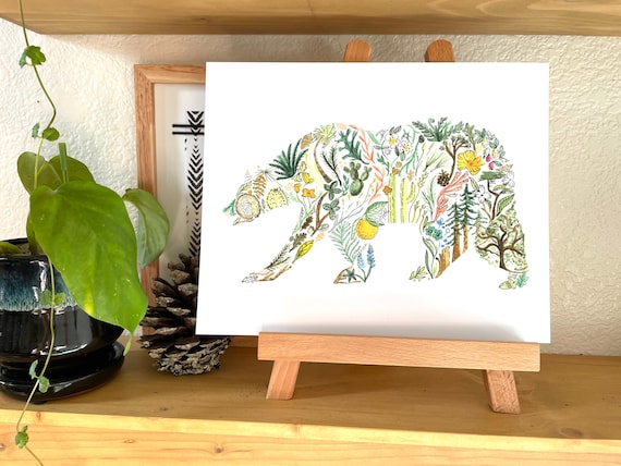 California Native Plant Bear art print watercolor botanical plants of California native species redwood poppy art print California fauna