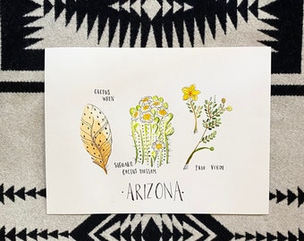 Arizona state bird state flower state tree art print 8x10 watercolor ink saguaro cactus hostess gift wedding arizona flower botanical bird