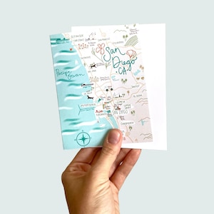 San Diego Map Card || blank card California coast || Coronado gaslamp district La Jolla Oceanside Carldsbad