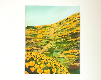 Impresión giclée de campos de amapolas / flores silvestres de California / pintura de paisaje gouache / 8x10 11x14 12x16 / Impresión artística de amapolas de California CA