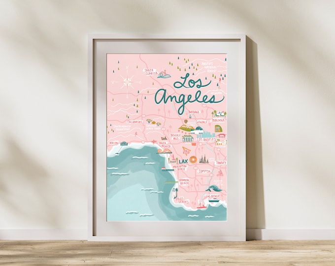 Los Angeles Map | LA illustrated map | Pasadena Manhattan Malibu Long Beach Venice usc ucla | DTLA wall hanging Southern California coast