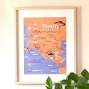 Marin map San Francisco Bay Area Marin county illustrated map California map art poster print point Reyes Golden Gate Bridge lighthouse