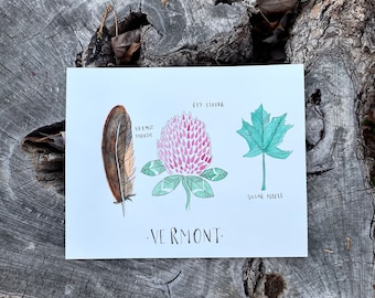 Vermont state flower state bird state tree watercolor art print, botanical painting with red clover Vermont watercolor Christmas gift