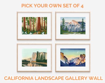 Galería de arte de paisajes de California, conjunto de 4 pinturas de naturaleza de parques nacionales, acuarela y gouache, conjunto de cuatro flores silvestres de Yosemite y secuoyas