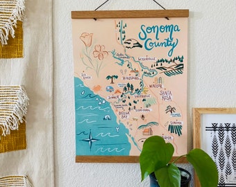Sonoma County California Poster California Map illustrated map print Petaluma Santa Rosa Healdsburg Russian River Sebastopol wine country