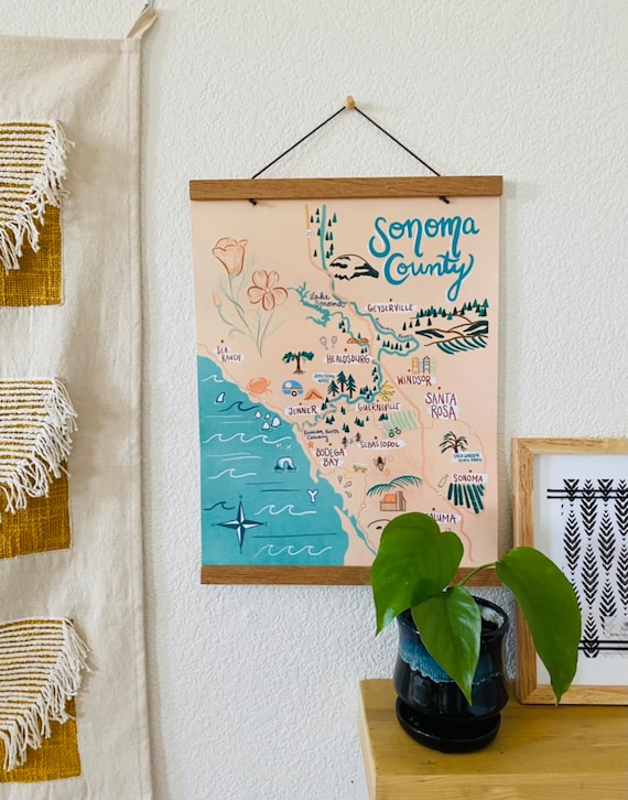 Sonoma County California Poster California Map illustrated map print Petaluma Santa Rosa Healdsburg Russian River Sebastopol wine country