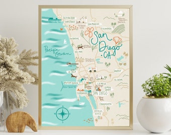 San Diego Illustrated Map Poster | 12x16 inches | San Diego La Jolla Imperial Mission Beach Scripps Pier Oceanside Carlsbad