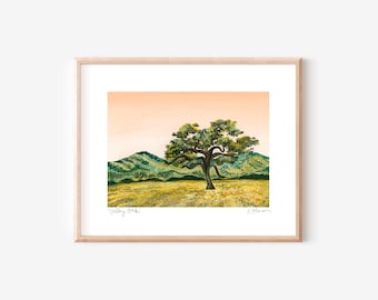 Impresión de roble del valle / Escena de paisaje artístico de California / Impresión giclée de una pintura original de acuarela gouache de robles en la pared de una galería
