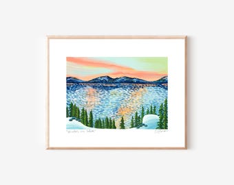 Impresión artística invernal de Tahoe / Arte de California / Galería de paisajes de California con esquí en la nieve del lago Tahoe, impresión giclée de acuarela original