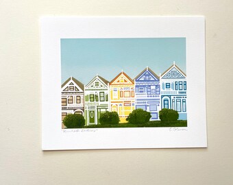 Paisaje urbano de las Damas Pintadas de San Francisco, Bahía, norte de California, pared de galería, arte californiano, impresión giclée gouache, regalo de archivo, despedida