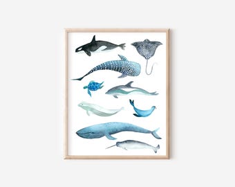 Lámina infantil submarina, criaturas marinas, habitación de bebé, habitación de niña, género neutro, acuarela, ballenas y tiburones, peces, animales del océano, arte metálico