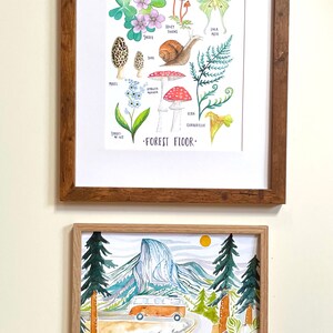 May include: Two framed illustrations. The top illustration is a watercolour painting of a forest floor with various plants, mushrooms, and a snail. The bottom illustration is a watercolour painting of a mountain scene with a vintage van driving on a road.