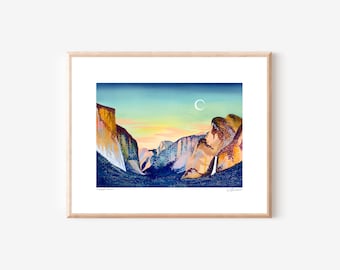 Impresión en gouache del valle de Yosemite/vista del túnel, arte de paisaje de California, arte de pared de 8 x 10, impresión de Sierra Nevada, colgante de pared, regalo, media cúpula, El Cap