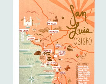 Tarjeta con mapa de San Luis Obispo // Tarjeta en blanco de la costa de California // Morro Bay, Hearst Castle, Nine Sisters, Pismo, mapa ilustrado, arte, saludo, regalo
