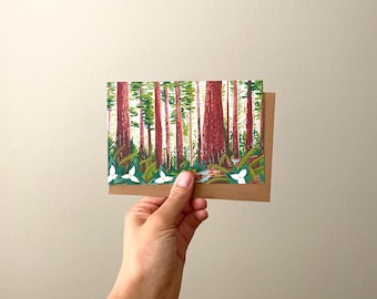 Tarjeta en blanco con el árbol de secuoya // Árbol del estado de las secuoyas de California Armstrong Woods Humbolt Parque Nacional Muir Woods trillium Eureka Oregon