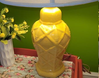 MID CENTURY Yellow ceramic faux bamboo table lamp