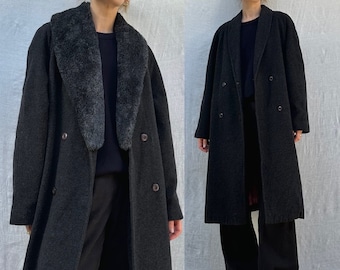 Cappotto vintage in misto lana degli anni '90 / collo in pelliccia sintetica staccabile / adatto fino a AU 12 da donna (fino a una taglia media/grande)