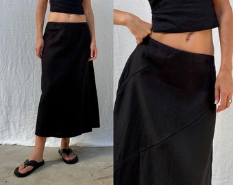 Vintage ‘90s y2k black linen midi skirt / womens 12/14 (large) w 33