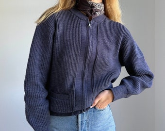 Vintage ‘70s blue marle rib knit bomber jacket / womens AU 6-10 (xs-medium)