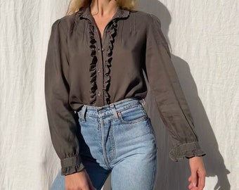 Vintage ‘80s ‘90s soft overdyed cotton blouse / ruffle collar / gathered sleeves / womens AU 6-8 (xs-small)