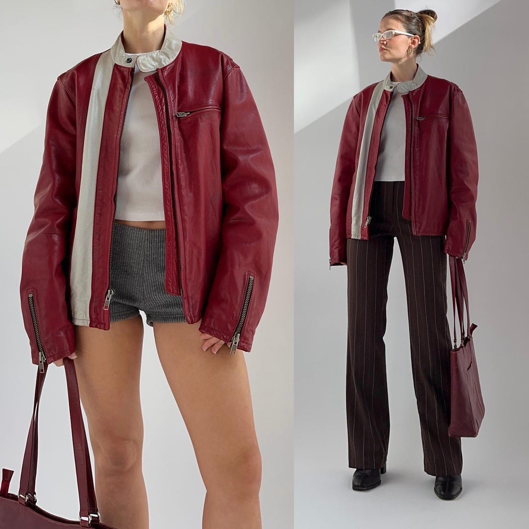 Y2k Gap Genuine Leather Motorcycle Jacket / Cranberry Red