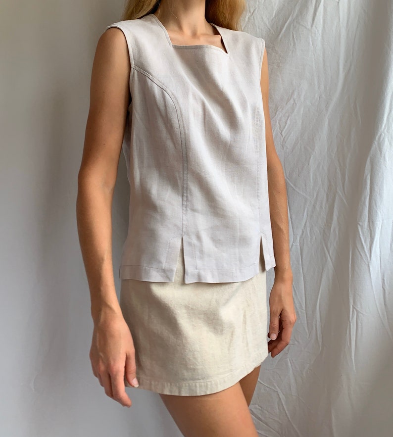 Vintage 90s Linen Singlet Top With Square Neckline Notched | Etsy