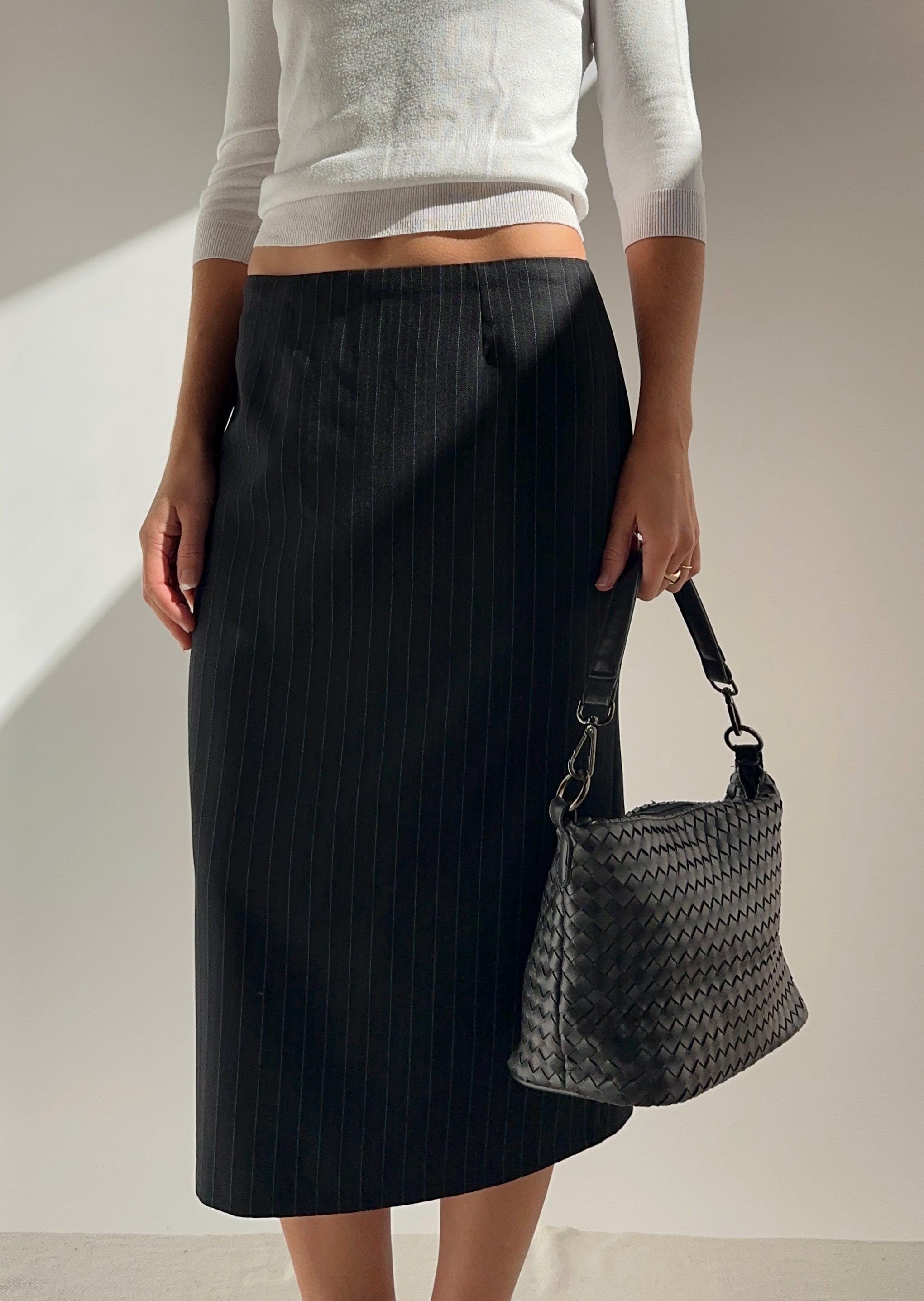 Y2k Pinstripe Fine Wool Blend Knee Skirt / Pleated / Womens AU 10