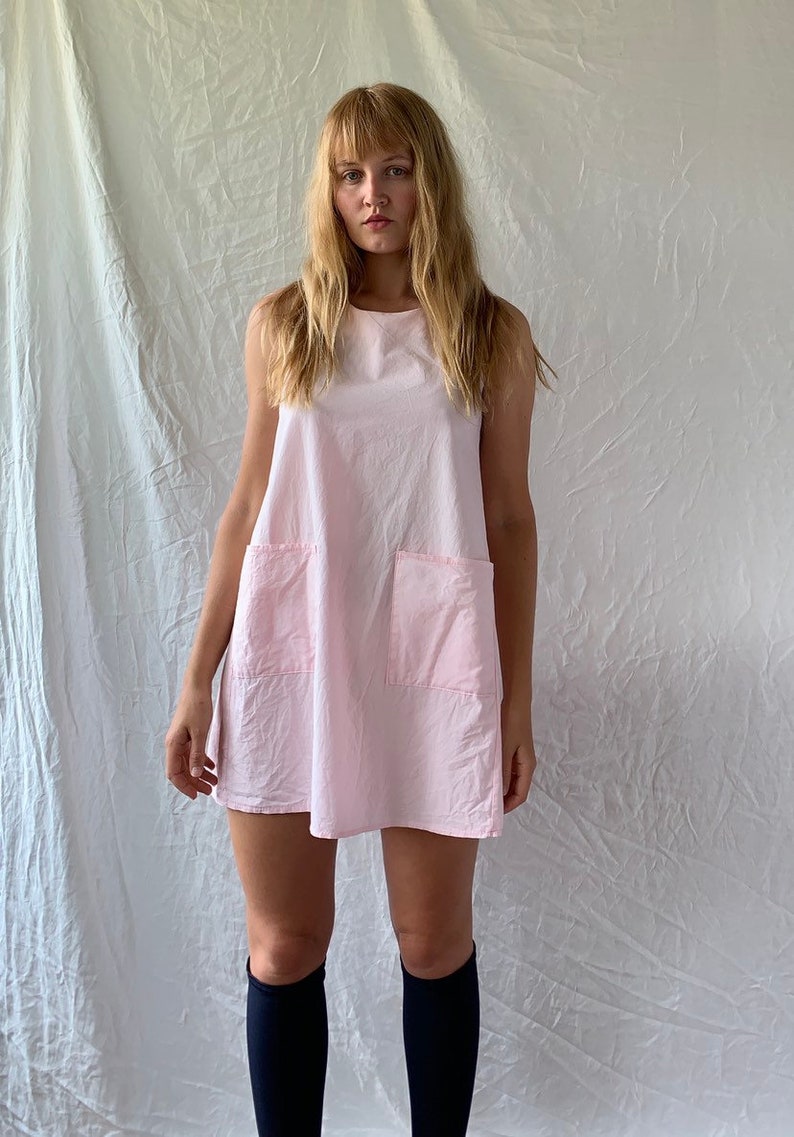 Vintage baby pink cotton pastel tent mini dress with pockets women\u2019s AU 6-8 xs-small