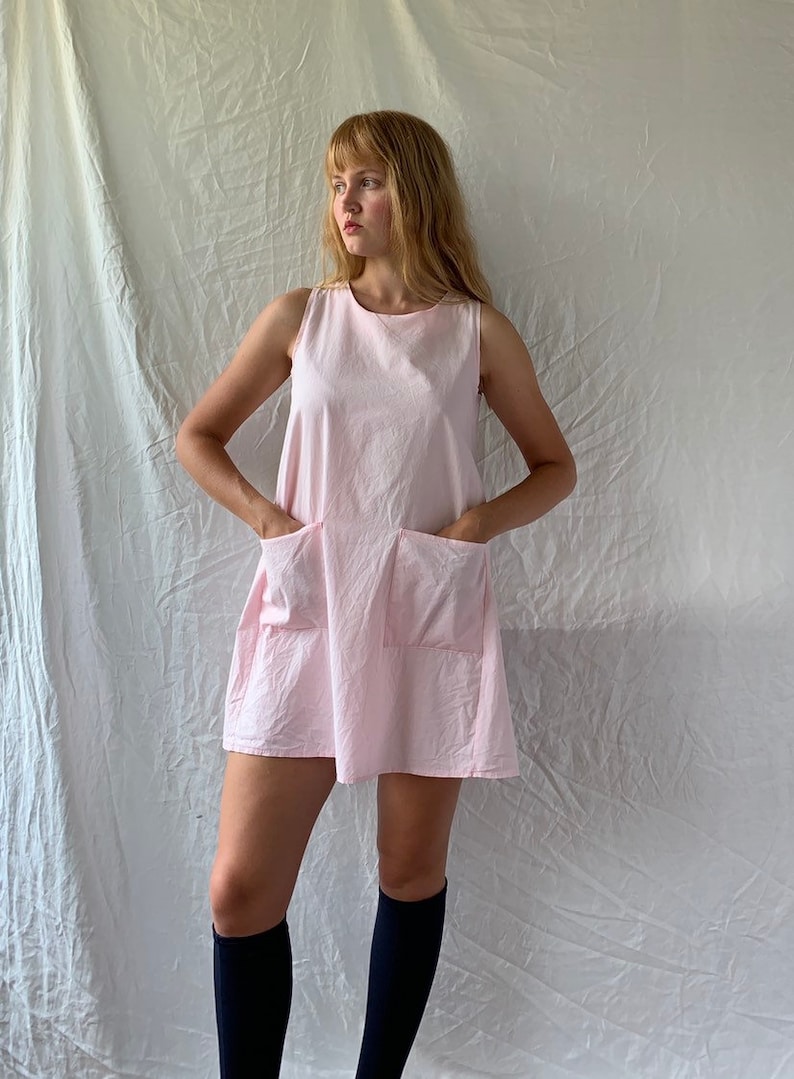 Vintage baby pink cotton pastel tent mini dress with pockets women\u2019s AU 6-8 xs-small