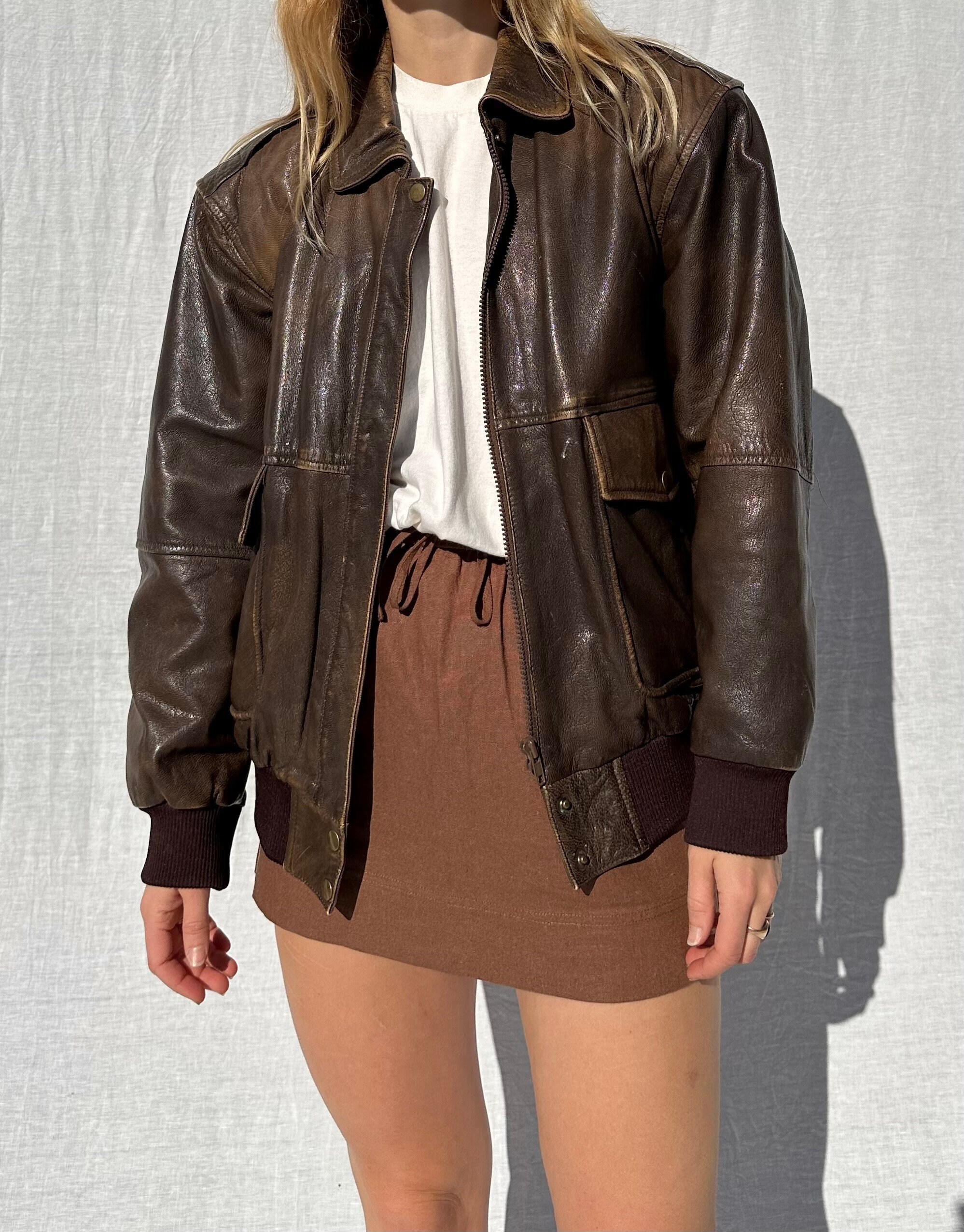 Vintage brown leather bomber jacket womens Clearance