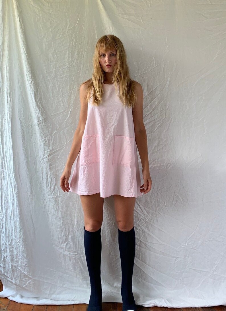 Vintage baby pink cotton pastel tent mini dress with pockets women\u2019s AU 6-8 xs-small
