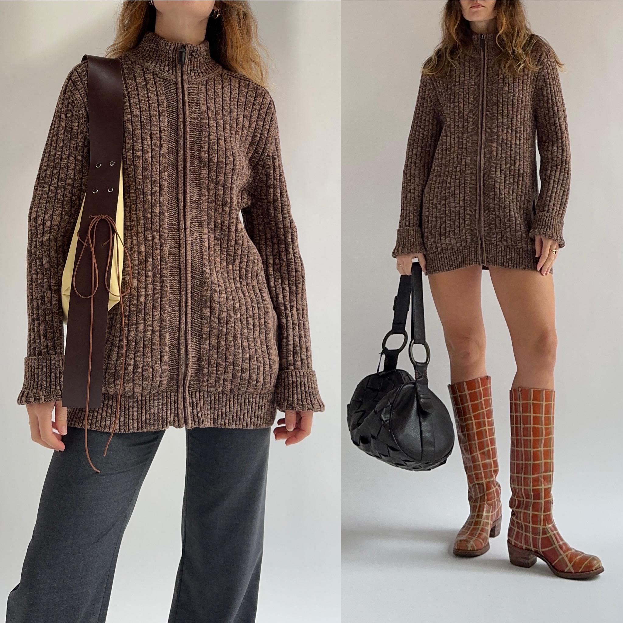 Y2k Cotton Ribbed Brown Marle Zip Mock Neck Sweater / Fits up to a