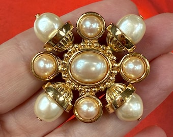 Vintage St John brooch in a shape of a Maltese cross with faux pearls in gold tone